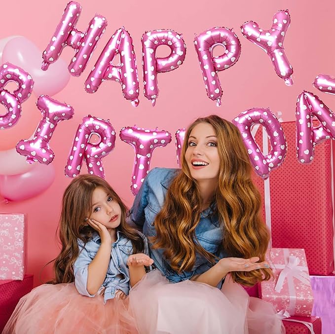 KALOR Pink Happy Birthday Balloons Banner, 16 Inch 16 Inch Mylar Foil Letters Balloon Sign for Birthday Party Decorations Photo Booth Backdrop