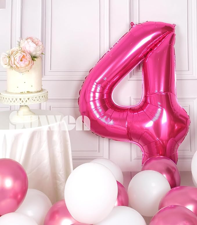 SUWEN 40 Inch Hot Pink Large 4 Number Balloons Big Foil Helium Number Balloons 0-9 Jumbo Happy 4th Mylar Birthday Party Decorations for Girl Anniversary Party Supplies
