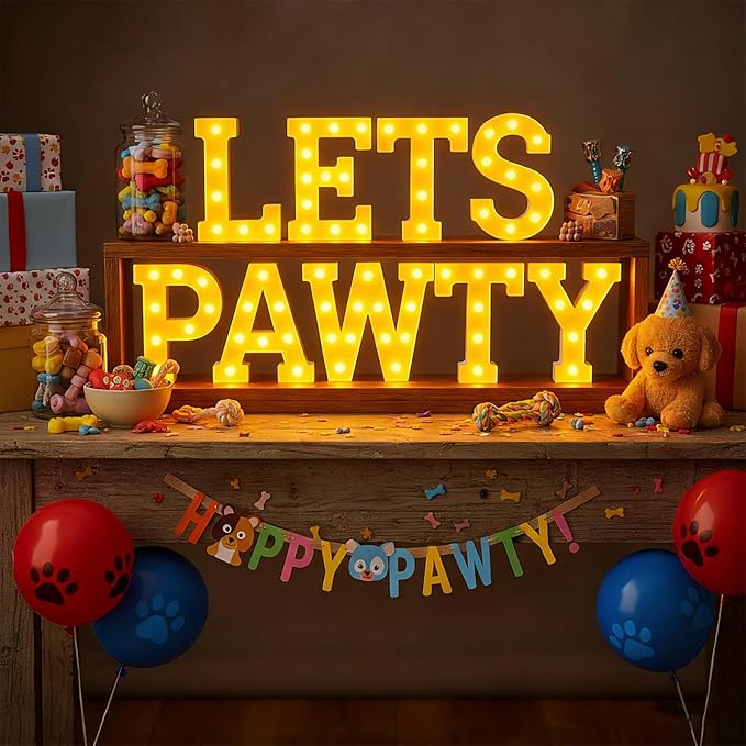 Honoson 9 Pcs Lets Pawty Light Dog Cat Pet Birthday Party Decorations 6.42 Inch Light up Sign LED Neon Table Decoration for Pet Puppy Cat Party Supplies Decorations