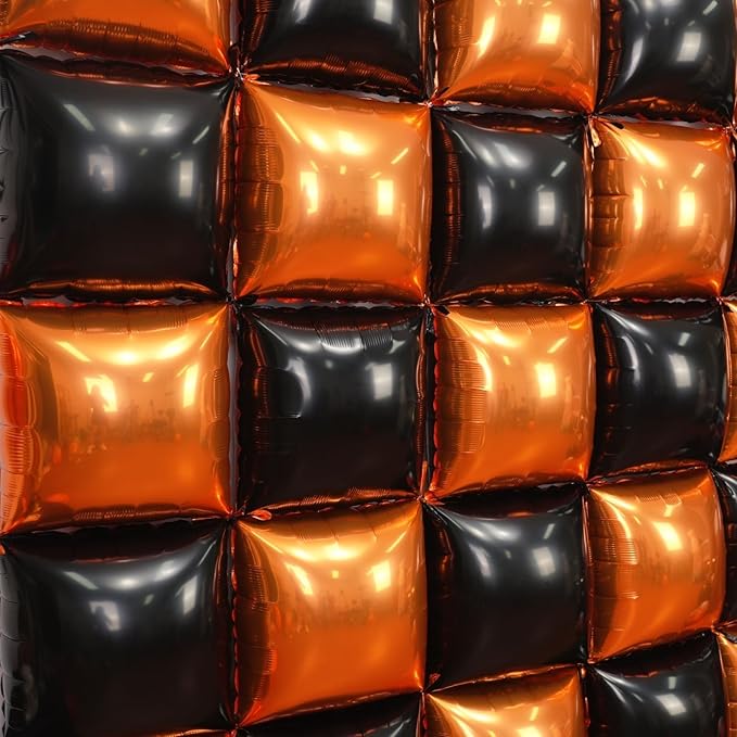 Black and Orange Square Foil Balloons Wall, Double Sided Chrome Black Orange Balloons Tunnel Arch Kit Backdrop for Halloween Birthday Trick or Treat Spooky Ghost Party Bar Graduation Decoration