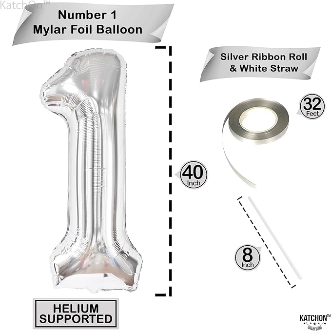 KatchOn, Giant Silver 1 Balloon Number - 40 Inch | 1 Balloon for 1st Birthday Decorations | Silver One Balloon For Happy Anniversary Decorations | One balloons for 1st birthday