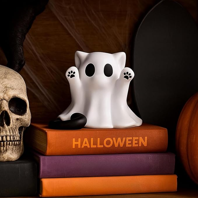 Halloween Ghost Statue Cute Spooky Figurines Desk Decor Cartoon Mini Spooky Decorations Halloween Unique Cat Ghost Figurines for Festive Home and Office Desktop Decor Display Ornaments