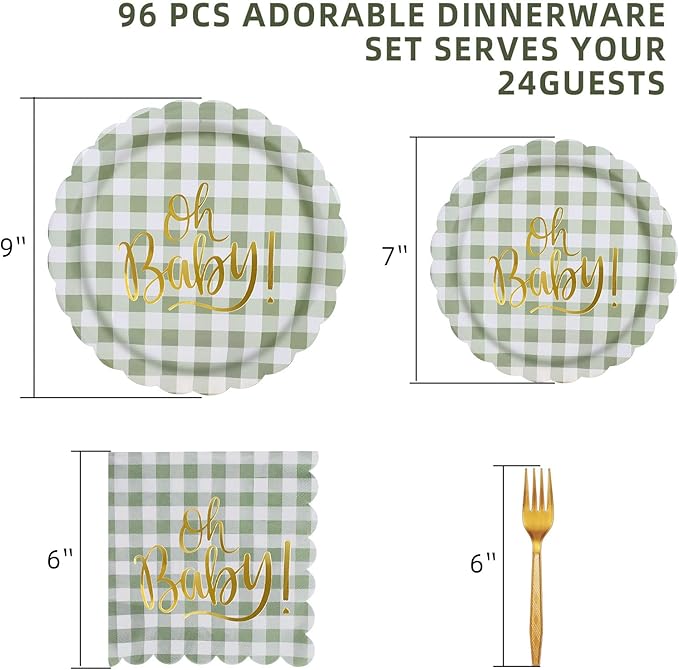 96PCS Sage Green Party Supplies Disposable Oh Baby Paper Plates Napkins Forks for Baby Shower, Neutral Gender Reveal Decorations Serves 24