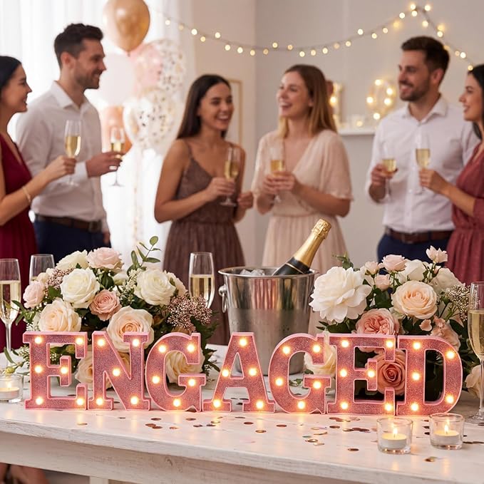 Honoson 7 Pcs 6.5 Inch Engagement Party Decorations Pink Warm Engaged LED Letter Lights Sign Lights Table Decoration for Wedding Engagement Bridal Shower Engaged Party Decor