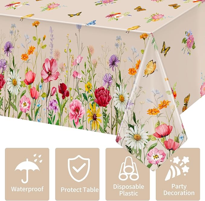 2 Pack Summer Floral Tablecloth Butterfly Wildflower Plastic Disposable Large Rectangular Table Cloth for Summer Picnic Dining Holiday Birthday Wildflower Party Decorations (54 x 108 Inch)