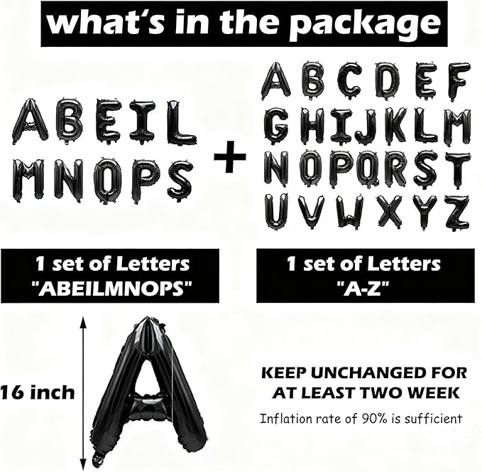 36 Pcs Black Letter Balloons, Custom A-Z Set for Personalizing Names & Phrases Party Supplies Banners - with 1 Set ABEILMNOPS for Wedding/Birthdays/Annivs/Grads Party Decoration Banner Custom Phrase