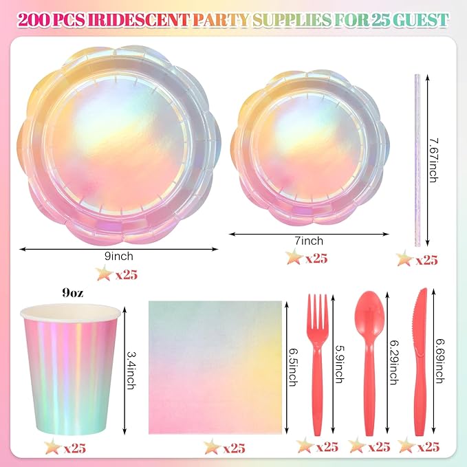 200 Pcs Iridescent Pastel Party Supplies Decorations, 25 Guest Scalloped Iridescent Pastel Plates and Napkins, Holographic Rainbow Plates Cups Napkins Straw Silverware for Girls Birthday