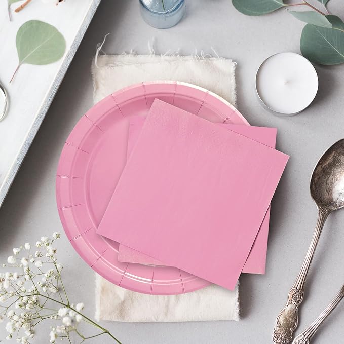 Whaline 100Pcs Valentine's Day Light Pink Tableware Set Wedding Disposable Dinnerware Set 50Pcs Paper Plates 25Pcs Napkins 25Pcs Cups for 25 Guests Wedding Birthday Bride Party Supplies Decorations