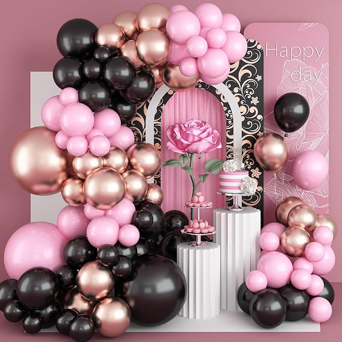 Pink and Black Balloon Arch Kit, Light Pink and Black Balloons Garland with Metallic Rose Gold Balloons, Baby Pink Balloons for Girls Women Birthday Bachelorette Princess Party Decorations