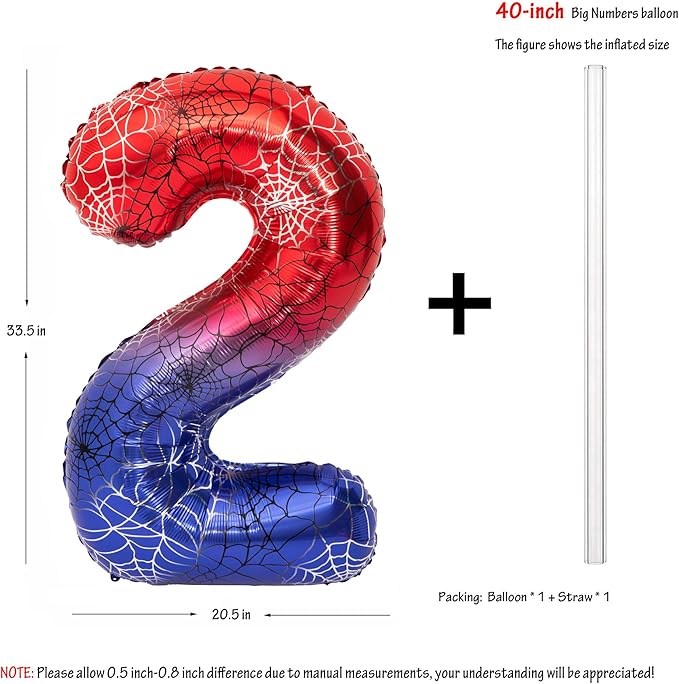 40 Inch Red and Blue Spider Theme Large Number 2 Balloon Giant Foil Birthday Balloons for Spider Theme Party Boy or Girl 2 th Birthday Wedding Anniversary Baby Shower Party Decorations