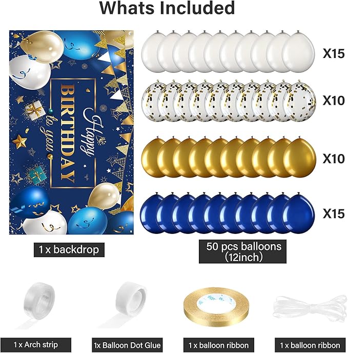 Tatuo Navy Blue Birthday Confetti Balloons Kit Set Photography Backdrop Banner Package for Boys Girls Men Women Birthday Party Decorations Supplies(Navy Blue and Gold)