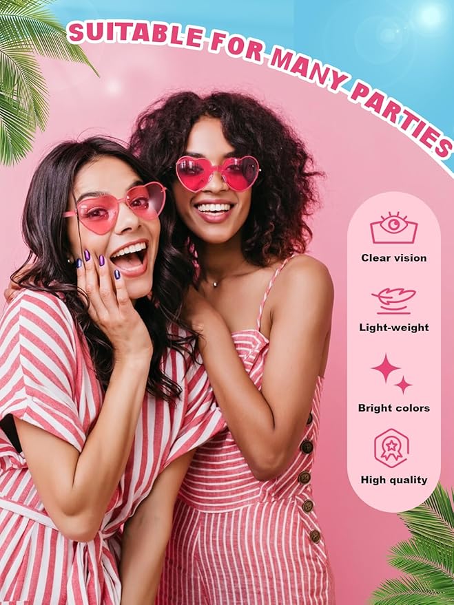 Heart Shaped Sunglasses for Women Colorful Glasses Fun Trendy Transparent Heart Sunglasses Party Favor (2 Pairs-Pink&Rose)
