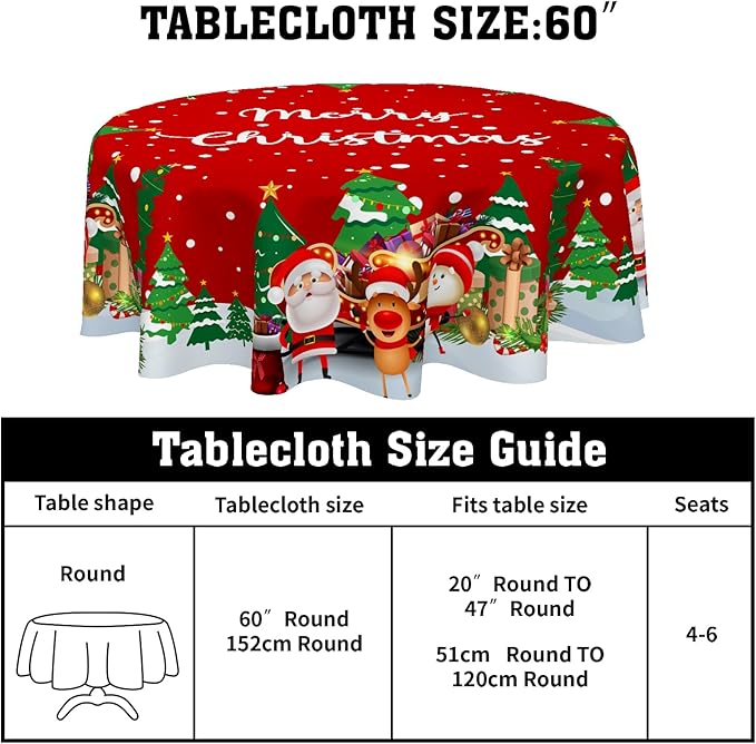 Merry Christmas Tablecloth Round 60 Inch Santa Snowman Tablecloth Reindeer Table Cloth Snowflakes Red Table Cloth for Holiday Party Outdoor Dining Room Home Christmas Decorations