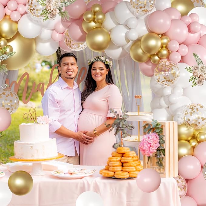 Pink and White Balloon Arch Kit, 138 Pcs Pink and Gold Balloon Garland Arch Kit Include Pastel Pink White Gold Confetti Balloons for Birthday Baby Shower Wedding Bridal Shower Party Decorations