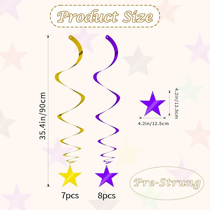 BEISHIDA Purple Gold Star Hanging Swirl Decorations, Birthday Hanging Party Supplies for Wedding Baby Shower Birthday Congrats Grade 2026 Graduation Decorations,Pack of 15