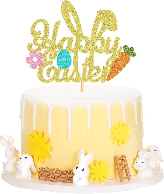 Ercadio 1 Pack Glitter Golden Happy Easter Cake Topper with Bunny Ear Easter Eggs Carrot Cake Pick for Easter Day Party Cake Decorations Table Centerpieces Supplies