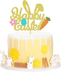 Ercadio 1 Pack Glitter Golden Happy Easter Cake Topper with Bunny Ear Easter Eggs Carrot Cake Pick for Easter Day Party Cake Decorations Table Centerpieces Supplies