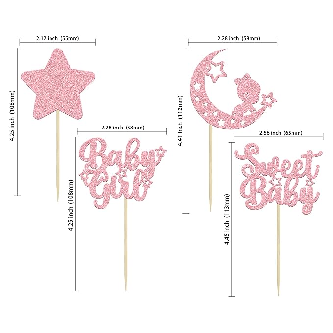 Gyufise 24Pcs Pink Glitter Baby Girl Cupcake Toppers Star Moon Sweet Baby Shower Cupcake Picks Baby Shower Girls Birthday Party Cake Decorations Supplies