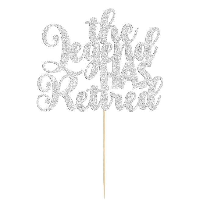 Gyufise 1Pc The Legend Has Retired Cake Topper Glitter Going Away Cupcake Pick for Happy Farewell Retirement Theme Party Cake Decorations Supplies Silver