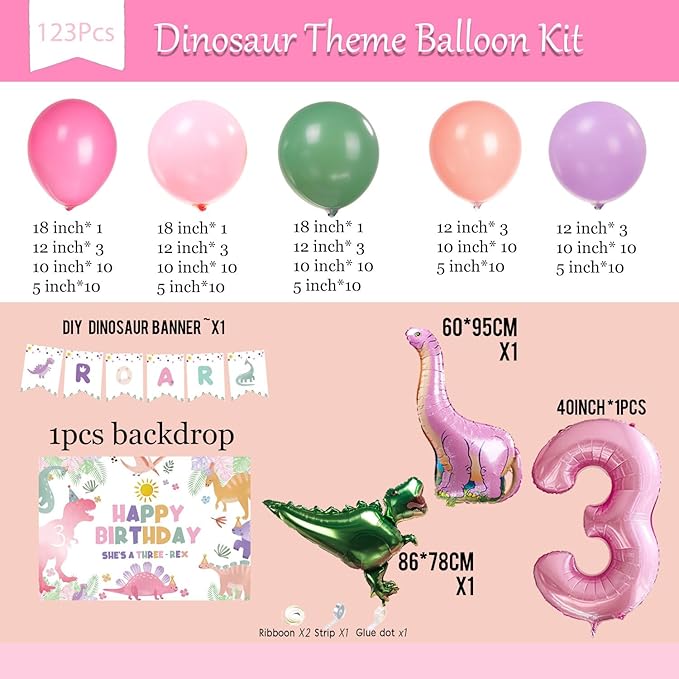 Dinosaur Balloon Garland Arch Kit Pastel Pink green and purple with Number 3 mylar balloon & Banner & backdrop for Girl Dino Baby Shower Dinosaur 3rd Birthday Three Dino Rex Party decorations