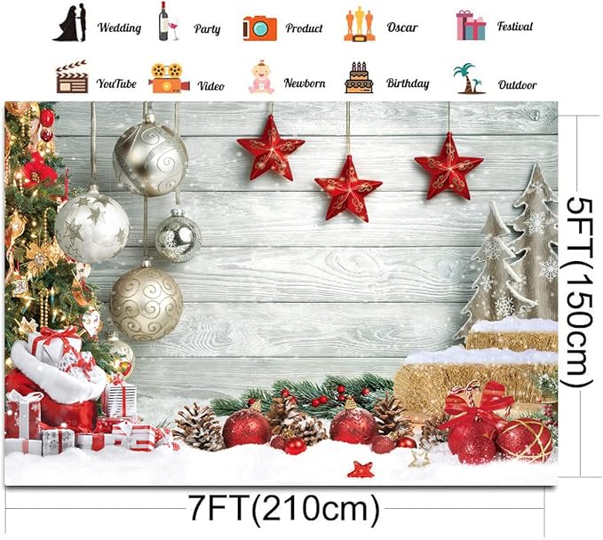 CHAIYA 7X5FT Christmas Backdrop White Wood Floor Photography Backdrop Winter Snow Christmas Balls Xmas Tree Gift Family Party Photo Background New Year Party Decoration Backdrops CY194