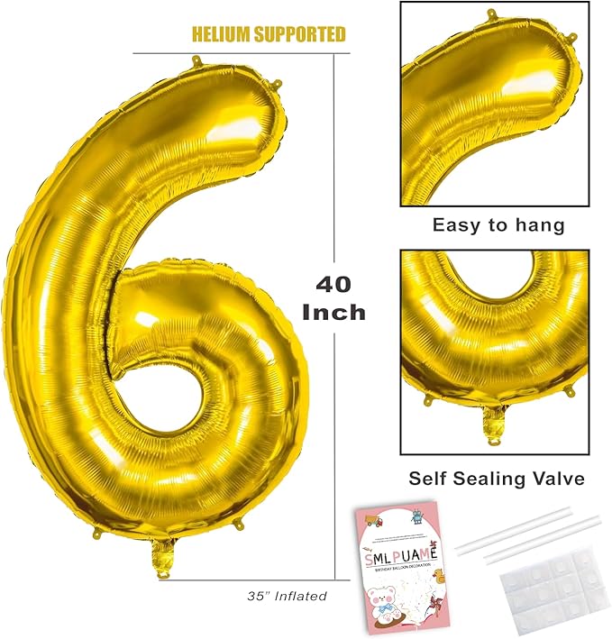 Smlpuame 40 inch Number Balloon 0-9 Gold Large Number 6 Balloons,Digital Balloons for Birthday Party Celebration Decorations Supplies, Helium Foil Number Balloons for Wedding Anniversary