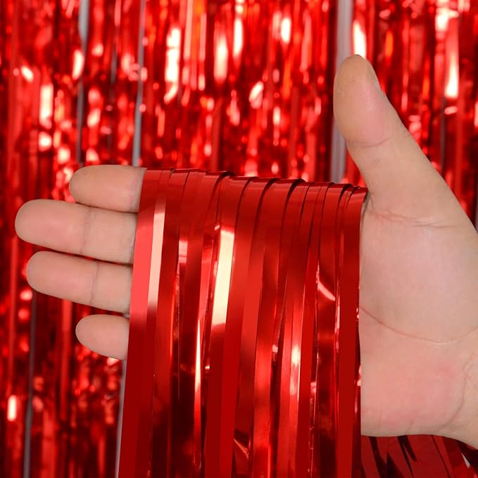 Red Tinsel Fringe Backdrop, Melsan 3.2 x 8 ft Red Metallic Foil Curtains Streamer for Birthday, Anniversary, Photo Booth for Party,2 Packs