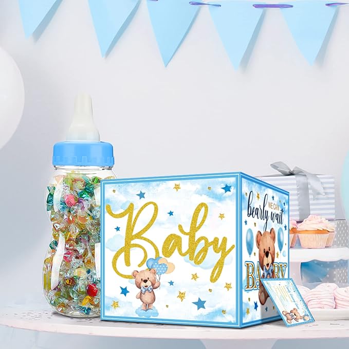 Glenmal 52 Pcs Baby Shower Games Gift Sets Large Baby Bottle for Shower Game Guess How Many Candies Decorations for Gender Reveal(Bear)