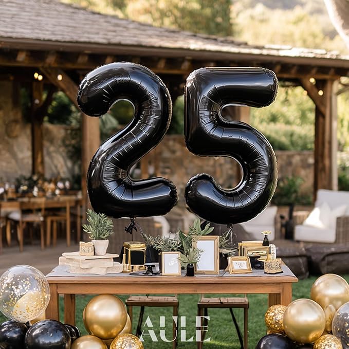 AULE 40 Inch Large 25 Balloon Numbers Black, Big Foil Number Balloons, Giant Helium Happy 25th Birthday Party Decorations for Man and Women, Huge Mylar Anniversary Party Supplies