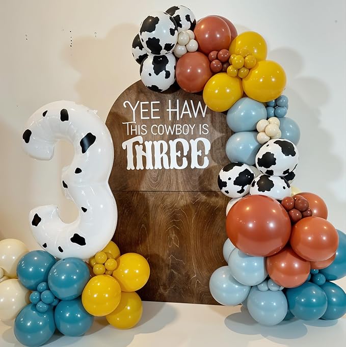 Cow Print Balloons, 12 Inch Dusty Slate Blue Brown Yellow Sand White Latex Party Balloon Western Cowboy Balloons for Boys First Rodeo Baby Shower Farm Country Wild West Birthday Party Decorations