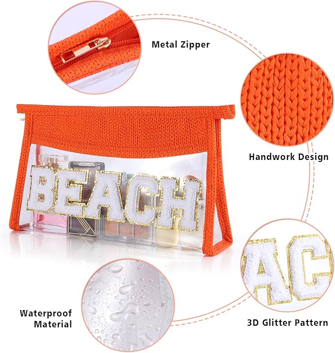 Beach Pouch Sunscreen Clear Makeup Bag Chenille Letter Beach Cosmetic Pouch Summer Essential Cute Toiletry Pouch Travel Accessories Gifts for Women