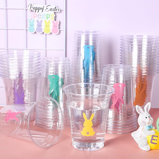 Whaline 60Pcs Easter Bunny Rabbit Disposable Plastic Cups with Lids and Straws 12oz Colorful Bunny Theme Party Cups Spring Beverage Drinking Cup for Anniversary Wedding Birthday Dinner