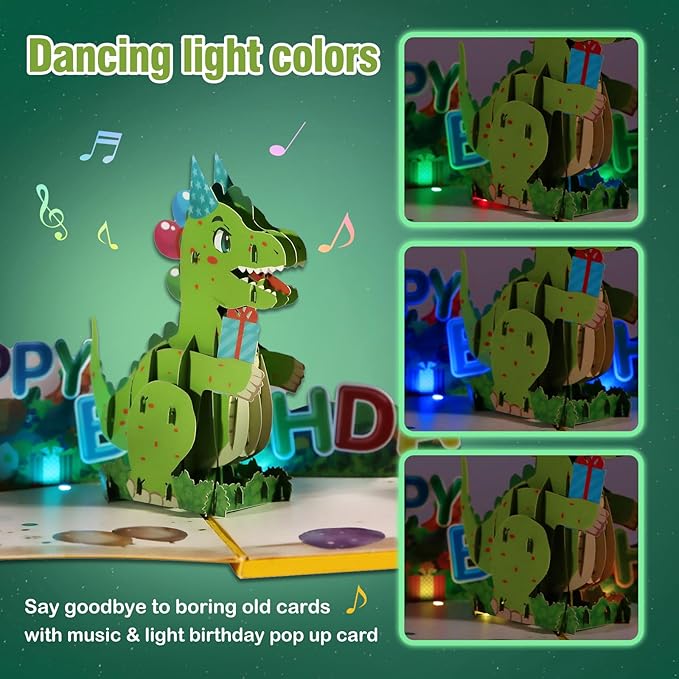 FaCraft Dinosaur Musical Birthday Cards for Kids - Music & Light 3D T-Rex Handmade Pop Up Birthday Cards with Envelope, Blank Insert, Gift for Boys Girls Son Grandson Toddler Nephew 1 2 3 4 5 Year Old