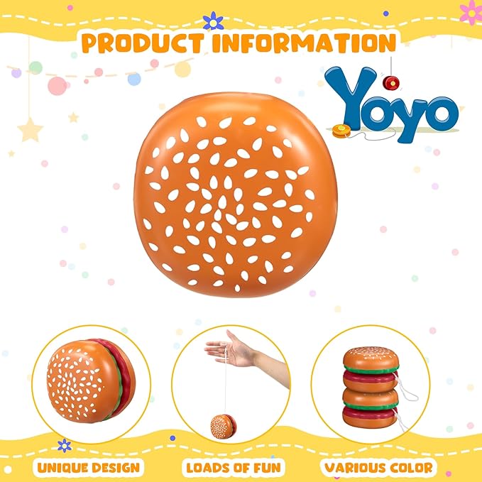 Liliful 100 Pcs Hamburger Bulk Yo Yo Toys Plastic Burger Party Favors for Kids Adults String Toys for Student Training Party Game Gifts Goody Bag Favors Classroom