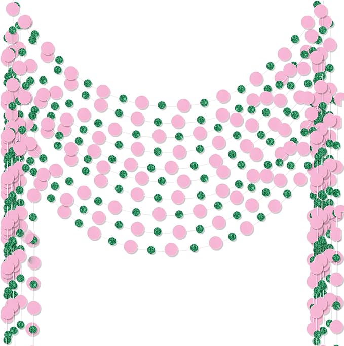 Outus 10 Pieces Pink,Green Round Dots Garland Easter Graduation Party Hanging Decor Each Length 13.1ft Glitter Paper Dot Streamers for Birthday Wedding Classroom