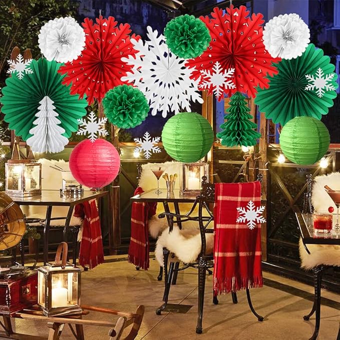 Christmas Party Decorations Indoor Red White and Green Christmas Decorations Hanging Paper Snowflakes Fans Paper Tree for Bridal Shower Baby Shower Birthday Party