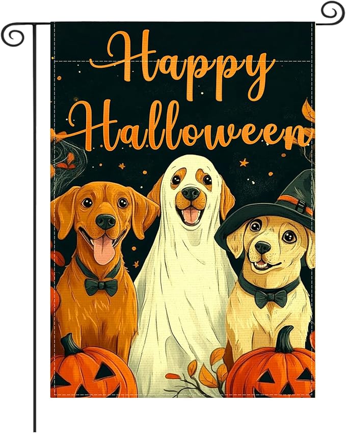 Fall Garden Flag for Outside, Happy Halloween Pumpkin Dog Garden Flags - 12x18 Inch Double Sided, Halloween Fall Decorations Outdoor, Burlap Halloweens Gardens Flag Decor for Outside Home, Falls Flags