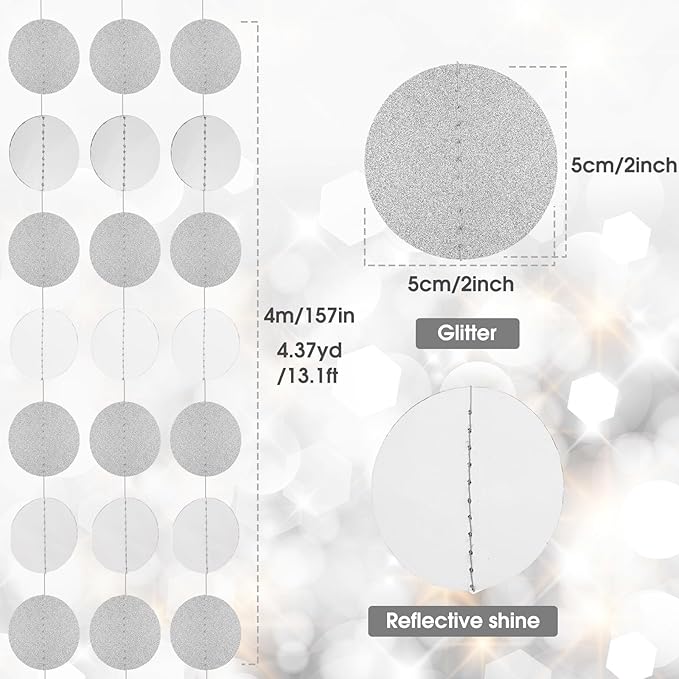 Syhood 10 Pcs Party Decorations Paper Dot Circle Garlands Glitter Streamers Hanging Banner Decor for New Year Baby Shower Wedding Birthday Backdrop Supplies (Silver)