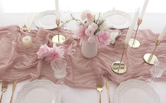 FEXIA 3 Pack Table Runner Dusty Pink Cheesecloth 35x120 Inches Spring Easter Table Runner Burnt for Wedding Decor Reception Bridal Shower Centerpiece Engagement Decor