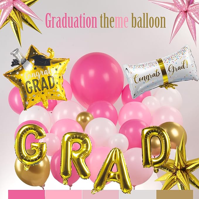 Pink Graduation Balloon Garland Arch Kit 122PCS with Graduation Star Certificate Letter Mylar Foil Balloons for Graduate Class of 2026 Grad Prom party Decorations Supplies (Hot Pink White)