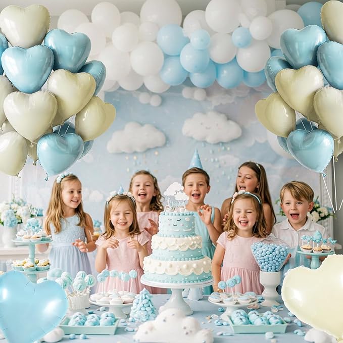 TONIFUL 30Pcs 18 Inch Light Blue Cream White Balloons Pastel Blue Heart Shape Foil Mylar Banners Decoration for Birthday Valentine's Day Wedding Bridal Shower Anniversary Engagement Party Supplies