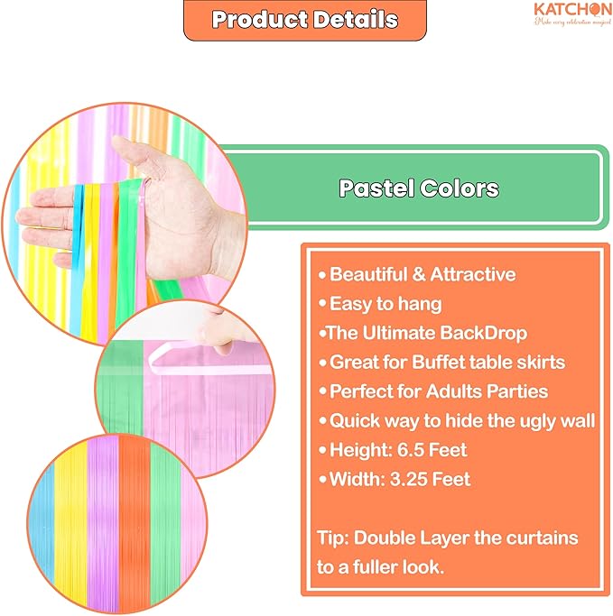 KatchOn, Pastel Multicolor Foil Fringe Curtains – Pack of 2 | Pastel Colourful Photo Backdrop, Rainbow Foil Fringe Backdrop | Easter Decorations for Home | Baby Shower, Birthday Decorations