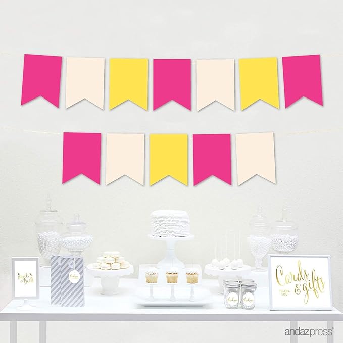 Andaz Press Hanging Pennant Banner with String, Fuchsia, Coral, Yellow, 1-Set, 24 Pennants, Approx. 12-Feet Long