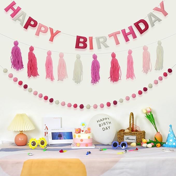 Pre-Strung Happy Birthday Banner Felt Ball Garland Banner Sign for Pink Birthday Party Decorations Mermaid Party Decor