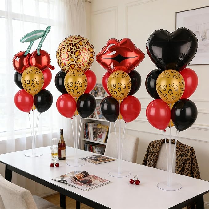4 Sets Leopard Party Balloons Stand Kit with Black Love Red Lip Foil Balloons Centerpiece for Tables Leopard Print Cherry Party Balloon for Holiday Leopards Birthday Parties Theme Decorations Supplies