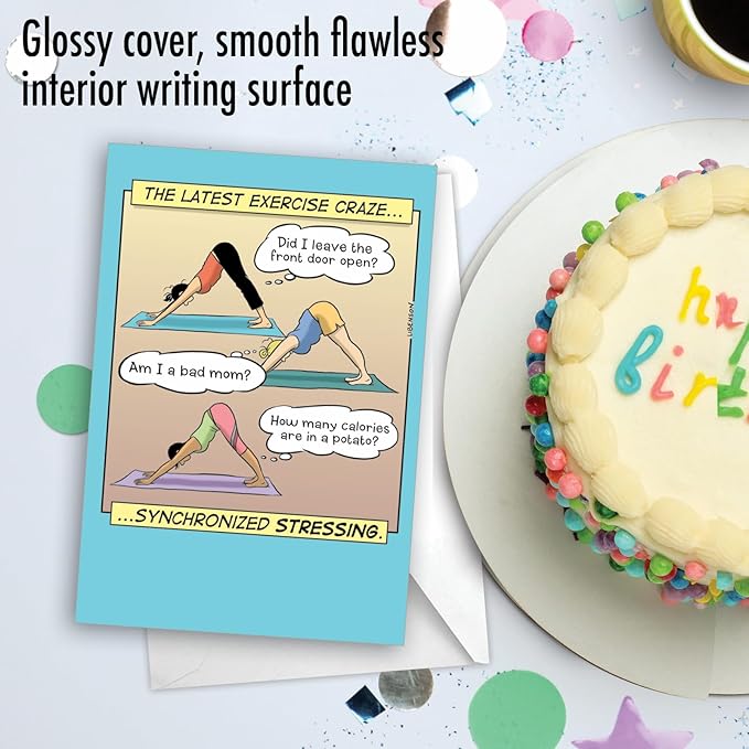 NobleWorks - 1 Funny Women's Birthday Card with Envelope - Cartoon Humor, Stationery Bday Celebration Card for Wife, Women - Synchronized Stressing C9320BDG