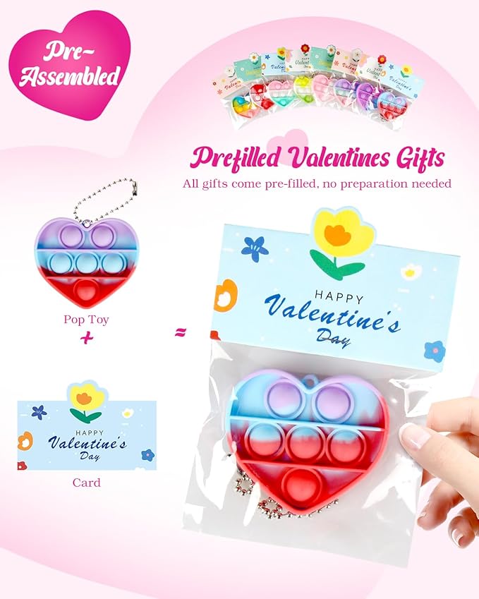 32 Pack Valentine's Day Heart-Shaped Pop Fidget Toys for Kids, Classroom Bulk Gifts with Keychains & Cards, Perfect for School Party & Class Exchanges
