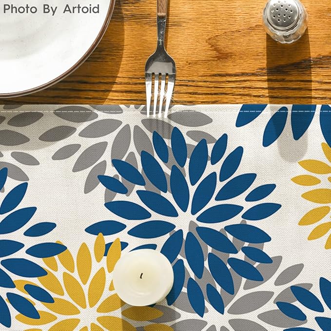 Artoid Mode Blue Dahlia Floral Pinnata Summer Table Runner, Spring Kitchen Dining Table Decoration for Home Party Decor 13x120 Inch