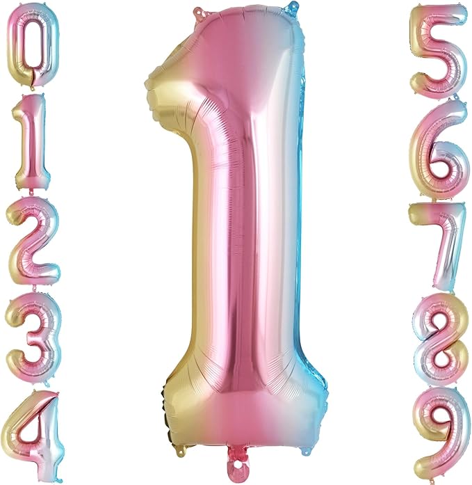 Rainbow Gradient Number 1 Balloon, 40 Inch Big Large Foil Number Balloons, Jumbo Giant Mylar Number 1 Balloons for 1 first Birthday Party Decorations Supplies Anniversary Celebration