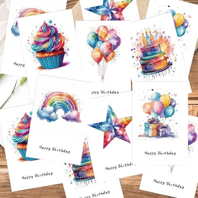 Birthday Cards Pack of 12,Bulk for Women Men Kids Assorted Birthday Greeting Cards for Kids Assortment, 12 Card with Envelopes (Cartoon balloon)